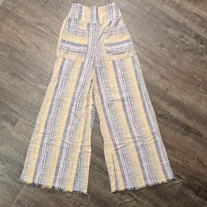Free People Day’s End Wide Leg Striped Linen-Blend Pants- blue/tan